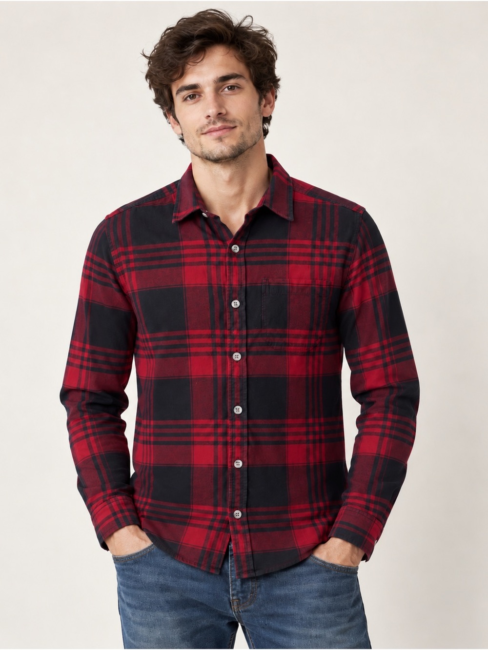 Roots Cotton Red & Black Plaid Men's Button-Up Shirt